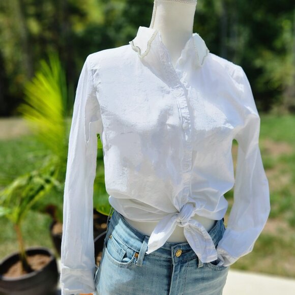 Jason Wu lace organza and rinestone scalloped collar button down white shirt - Picture 1 of 5